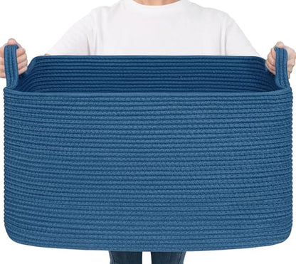 Goodpick Large Woven Rope Blanket Basket, Rectangle, Dark Blue - color: Dark Blue, size: Large(21.6"L x 14.9"W x 11.8"H)