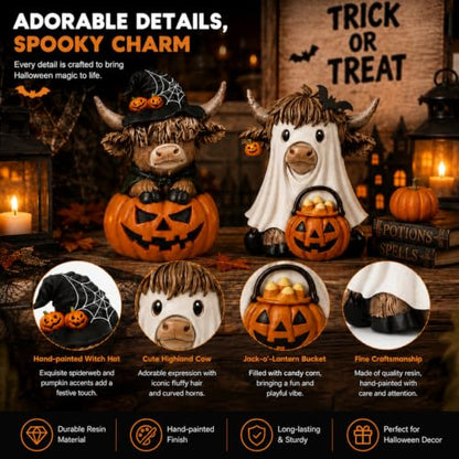 Karenhi 2 Pcs Halloween Highland Cows Figurines Resin, Pumpkin Decor - style: Ghost
