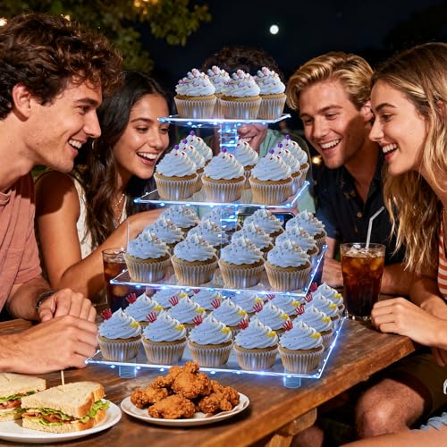 YestBuy 4 Tier Cupcake Stand with Blue Lights, Cupcake Tower Stand 50 Cupcakes - color: Blue, size: 4 Tier Square