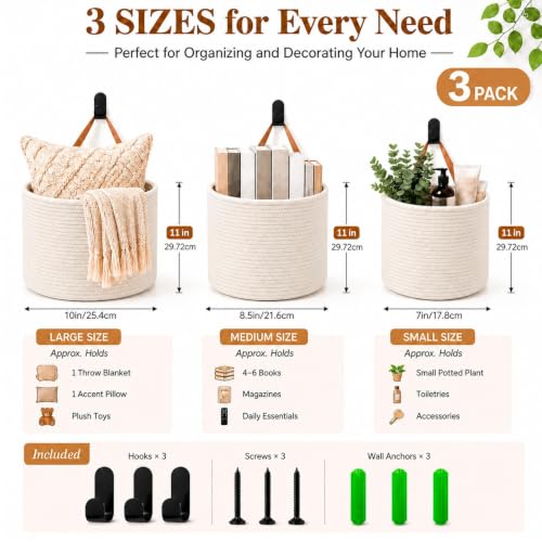 Honeydak 3 Hanging Baskets, Cream, Round Bucket Basket - color: Cream, style: Round Bucket Basket