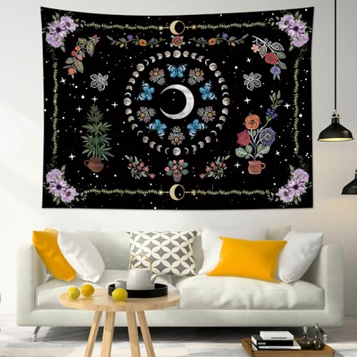 WEENEO Boho Butterfly Moon Tapestry Wall Hanging,Purple Floral,60x40 Inch - color: Black, size: 40"L x 60"W