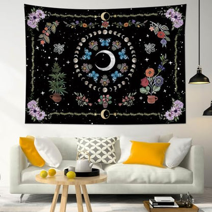 WEENEO Boho Butterfly Moon Tapestry Wall Hanging,Purple Floral,60x40 Inch - color: Black, size: 40"L x 60"W