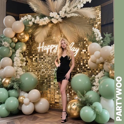 PartyWoo Sage Green Balloons 66pcs 12 Inch Gold White Brown Gold Balloons - color: Green-3327