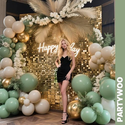 PartyWoo Sage Green Balloons 66pcs 12 Inch Gold White Brown Gold Balloons - color: Green-3327
