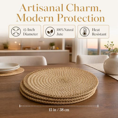 15 Inch Round Jute Placemats Set of 6 - Farmhouse Woven Table Mats