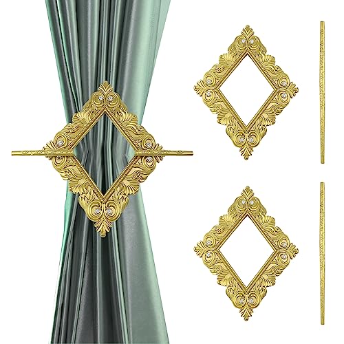 2 Pack Gold Rhombus Curtain Tiebacks, Square Drapery Holdbacks - style: 8 Crystals Gold