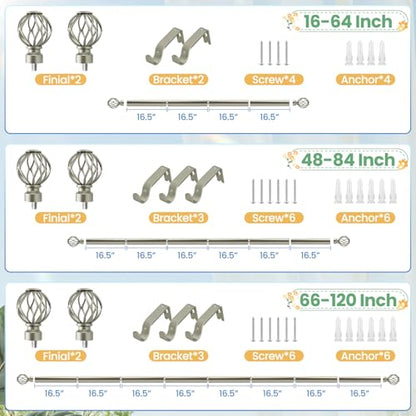 Nickel Curtain Rod 28 to 48 Inch, Heavy Duty Drapery Pole Iron Cage - color: Nickel, size: 18-64"