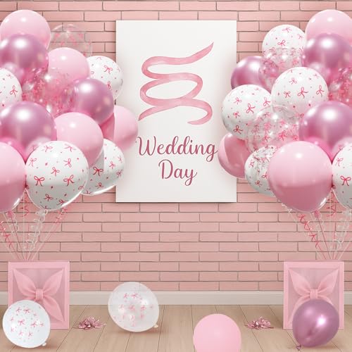 Patimate Pink Bow Balloons Set 50 pcs 12 inch Pink White Print Balloon Kit - color: Pink White Bow
