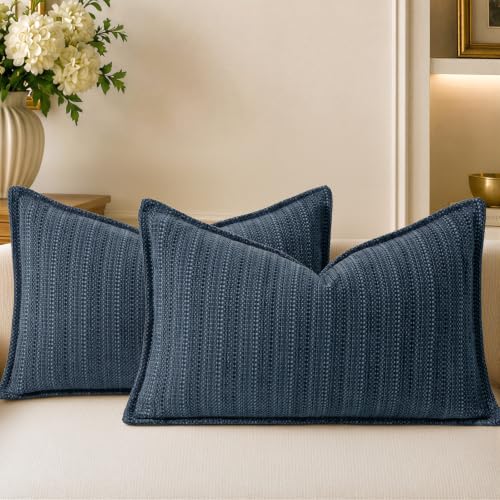 a moment Dark Blue Designer Textured Throw Pillow Covers 12x20 Set of 2 Vertical Striped Chenille Cushion Covers Decorative Pillowcases for Couch Sofa Bed Living Room Boho Farmhouse Home Decor - color: Dark Blue, size: 20" x 12" (Pack of 2)