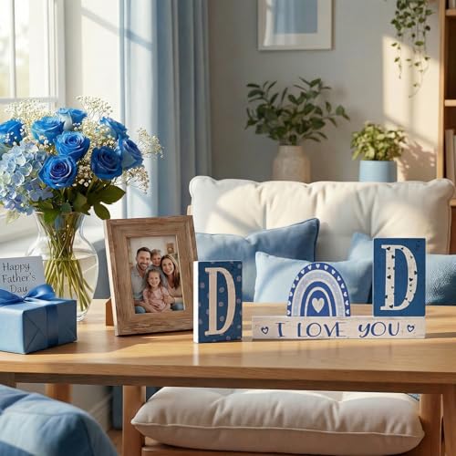 Smile Father's Day Wooden Table Decor "DAD", "I LOVE YOU", Blue Rainbow Desktop Signs Tabletop Decorations for Home Office Shelf Gift for Dad Husband Grandpa - style: Letter Dad