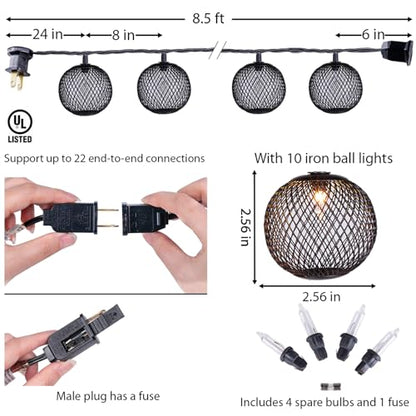 Decorative Lantern String Lights Plug in with 10 Black Metal Ball, Connectable Waterproof Outdoor Decorative String Lights Indoor for Bedroom Patio Pergola Festive Decor