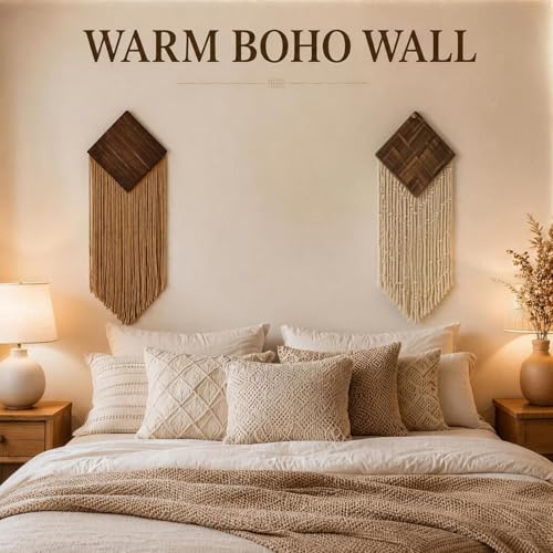 wall Art Decor, Macrame wall Hanging, 2 Pcs Boho Woven Tassel Home Decor for Living Room Bedroom Apartment, Handmade Bohemian Accent34.25" × 11.03"