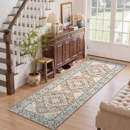 Lofus 2x6 Hallway Kitchen Washable Runner Rug, Boho Entry Long Carpet Brown - color: Floral Brown, size: 2' x 6' (Runner)