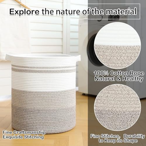 80L Foldable Cotton Rope Laundry Hamper, Oversized Woven Storage Basket with Sturdy Handles for Blankets Toys Nursery, Triple Brown Earth Tone