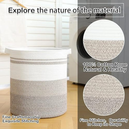 80L Foldable Cotton Rope Laundry Hamper, Oversized Woven Storage Basket with Sturdy Handles for Blankets Toys Nursery, Triple Brown Earth Tone