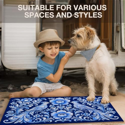 Blue Boho Bird Floral Faux Coco Coir Doormat Door Mat 17x30 Inch - color: Boho