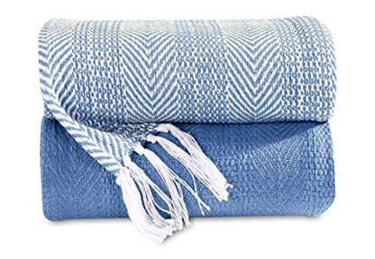 Hand Woven Cozy Warm 100 Percent Combed Cotton All Season Indoor Outdoor Light Weight Fade Resistant Couch Chair Bed Throw Blankets Batik 50x60 Inch Set of 2 (Blue) - color: Blue