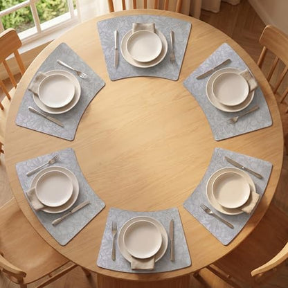 Faux Leather Set of 6, Placemats with Carving Floral Design - color: Gray