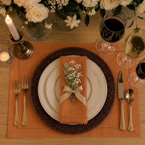 Signature Linen™ by D'Moksha, Rust Placemats Set of 4, 14 x 19 Inch, 100% Pure Linen Table Mats, Hemstitch, Machine Washable Cloth Placemats- Fall, Weddings, Outdoor Hosting - color: Rust, size: Set of 4 (14 X 19 Inch)
