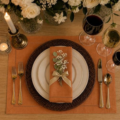 Signature Linen™ by D'Moksha, Rust Placemats Set of 4, 14 x 19 Inch, 100% Pure Linen Table Mats, Hemstitch, Machine Washable Cloth Placemats- Fall, Weddings, Outdoor Hosting - color: Rust, size: Set of 4 (14 X 19 Inch)