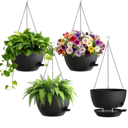 UOUZ 4 Pack 8 Inch Self Watering Hanging Planters for Indoor Outdoor Plants，Hanging Pots for Plants with Drainage Removable Tray, Hanging Baskets Flower Pots for Ivy Pothos Spider Garden Porch Black - color: Black, size: 8inch-4pack