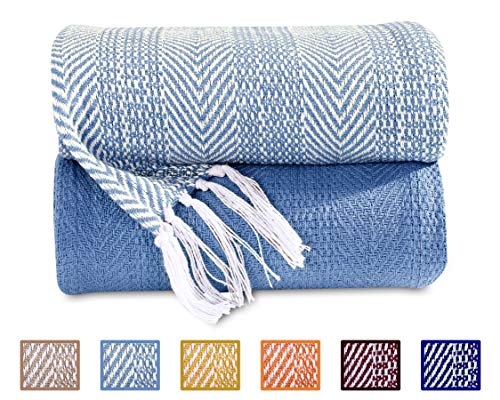 Hand Woven Cozy Warm 100 Percent Combed Cotton All Season Indoor Outdoor Light Weight Fade Resistant Couch Chair Bed Throw Blankets Batik 50x60 Inch Set of 2 (Blue) - color: Blue