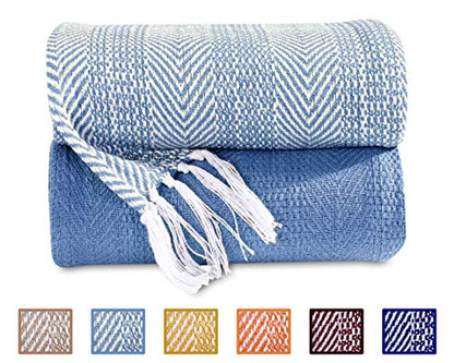 Hand Woven Cozy Warm 100 Percent Combed Cotton All Season Indoor Outdoor Light Weight Fade Resistant Couch Chair Bed Throw Blankets Batik 50x60 Inch Set of 2 (Blue) - color: Blue