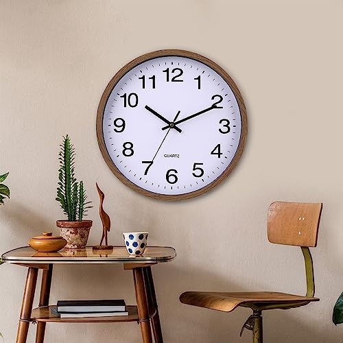 Wall Clock 12 Inch Wooden Frame Glass Cover Non-Ticking Number Quartz Modern Quartz Design Decorative Bedroom Kitchen Office Classroom Dark Brown - color: Dark Brown