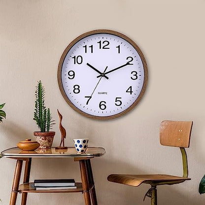 Wall Clock 12 Inch Wooden Frame Glass Cover Non-Ticking Number Quartz Modern Quartz Design Decorative Bedroom Kitchen Office Classroom Dark Brown - color: Dark Brown