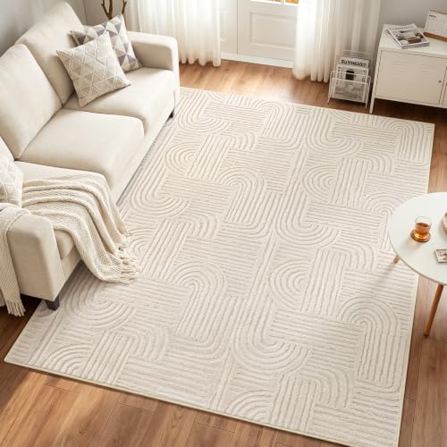 Etwel 5x7 Beige Modern Geometric Textured High-Low Pile Washable Area Rug - color: Neutral Beige, size: 5' x 7'