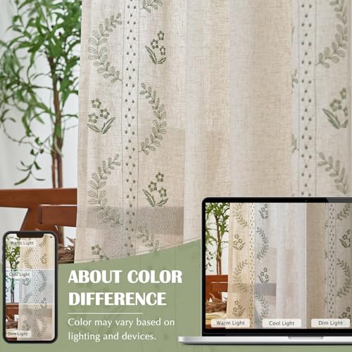 jinchan Floral Linen Curtains 72 Inch Farmhouse Back Tab 2 Panels - color: Sage, size: 50"W x 72"L (Pack of 2)
