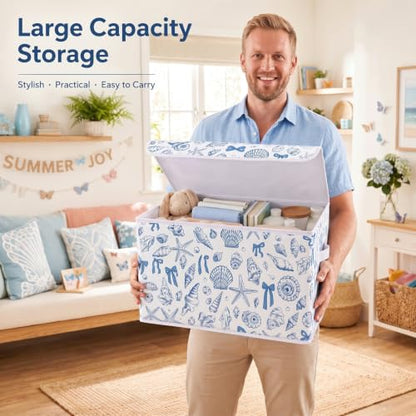 Briwooody Beach Storage Bin with Lid and Carrying Handle Coastal Blue Bow Seashell Foldable Storage Box Summer Bachelorette Party Decorative Collapsible Container Basket for Closet Home Bedroom Gift - style: Blue Bow Seashell