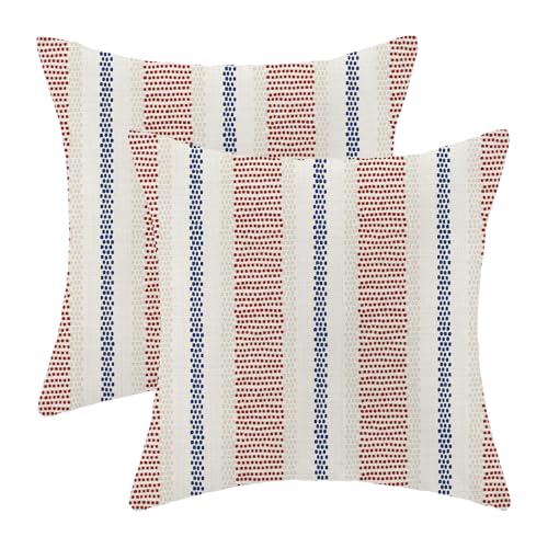 AEIOAE 4th of July Summer Outdoor Pillow Covers 16 x 16 Inch, Red Blue Polka Dots Striped Decor Throw Pillows for Couch Bed, Boho Modern Farmhouse Decorative Pillowcase Linen Cushion Cover Set of 2 - color: Red Blue, size: 16" x 16" (Pack of 2)