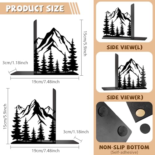Metal Bookends Mountain Bookends Decorative Modern Book Ends for Shelves Bookshelf Home Office Desk Decorative Shelf Stoppers for Books Space-Saving Desk Organizer - color: Black - 1 Pair Mountain View