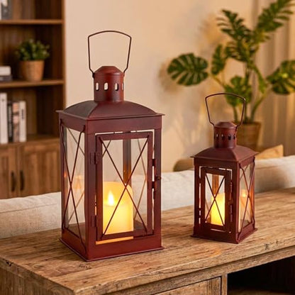 TRIROCKS Set of 2 Decorative Candle Lantern 14/10'' High (Antique Red) - color: Antique Red