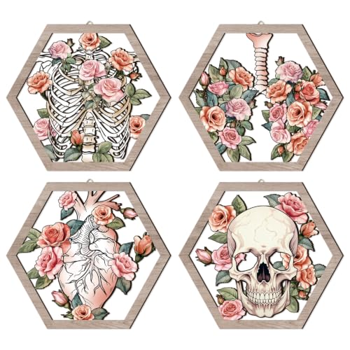 HPNIUB Medical Human Anatomy Wall Decor, Farmhouse Medical Anatomical Hanging Wooden Wall Art, 4 Pieces Pink Floral Heart Skull Anatomy Wood Sign for Nursing Doctor Room Living Room(11''x9.8'') - color: Medical human anatomy