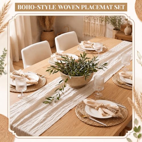 Fanfanwin Set of 6 Boho Woven Placemats with Khaki Napkins, 13 in - color: Khaki