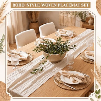 Fanfanwin Set of 6 Boho Woven Placemats with Khaki Napkins, 13 in - color: Khaki