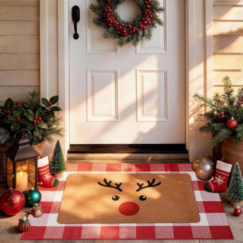 2-Piece Christmas Door Mat Set, Coir Welcome Mat & Red White Plaid Mat - color: Red and White