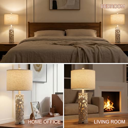 OYEARS 2-in-1 Light Table Lamp Set of 2 for Living Room, 28.5" Farmhouse Bedside Lamps with USB Charging Port, Main&Night Light & Dual Switches, Nightstand Lamp for Bedroom Home Office(Bulb Included) - color: Retro Grey