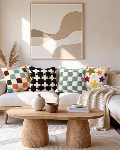 Embroidered Throw Pillow Cover 18x18 Inch, Star Moon Grid - color: Star Moon Grid, size: 18" x 18" (Pack of 1)