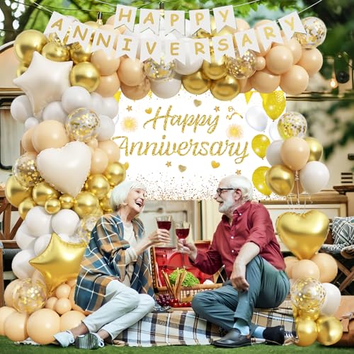 Happy Anniversary Decorations, 89pcs Wedding & Work Anniversary Party Decorations for Women Men, 50th 60th 30th 20th, Backdrop, Banner, Tablecloth, Foil & Latex Balloons, Cake Topper