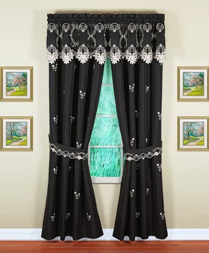 Today's Curtain Verona Reverse Embroidery Panel Pair and Tiebacks, 72", Black/Rose, 80" W X 72" L - color: Black/Rose, size: 80"W x 72"L (Pack of 1)