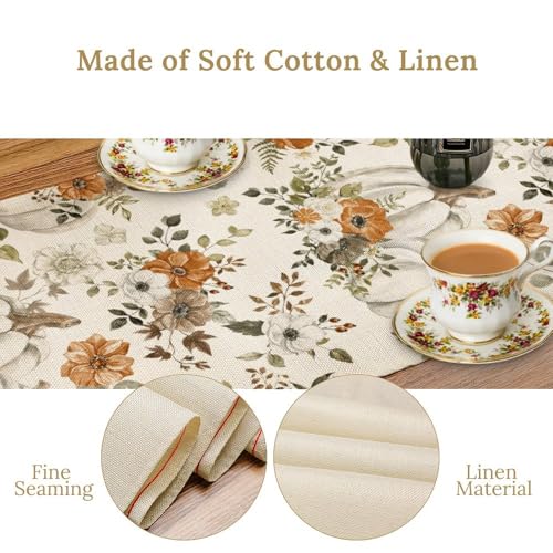 Fall Thanksgiving Table Runner, White Pumpkin Maple Leaves Autumn Flower Pattern Table Runner for Holiday Home Kitchen Dining Table Party 13x36in - color: Fall-2, size: 13x36in