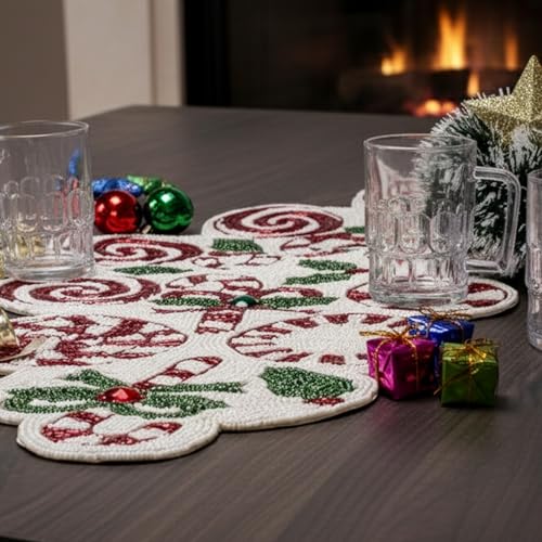 Beaded Christmas Table Runner, 13 x 36 Inches, Festive Holiday Table Decor - color: Red/Green/White