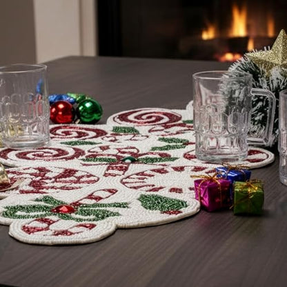 Beaded Christmas Table Runner, 13 x 36 Inches, Festive Holiday Table Decor - color: Red/Green/White