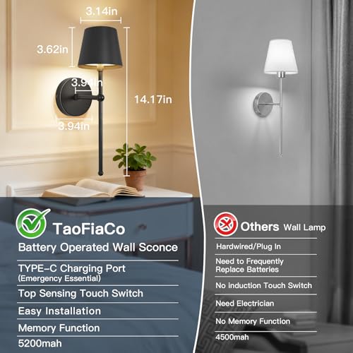 TaoFiaCo Battery Operated Wall Sconces Set of 2,Wireless Wall Sconce Black