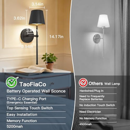 TaoFiaCo Battery Operated Wall Sconces Set of 2,Wireless Wall Sconce Black