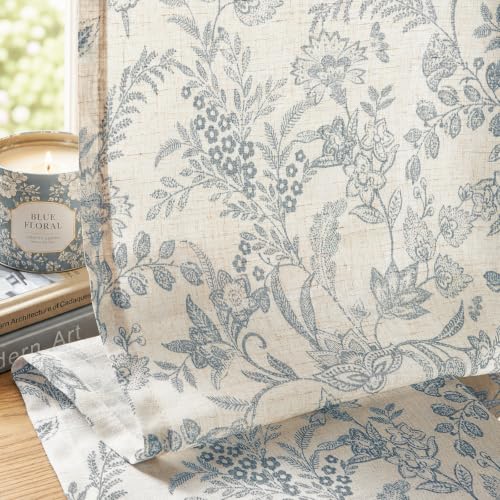 Lazzzy Blue Floral Linen Curtains Farmhouse Rod Pocket 50W X 96L 2 Panels - color: Blue on Beige, size: 50"W x 96"L (Pack of 2)