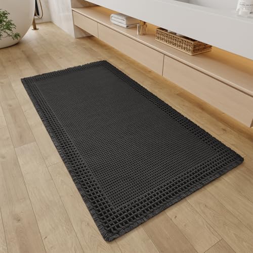 RESARE Waffle Bathroom Runner Rugs, Non Slip Boho Bath Mat 24"x48" Black - color: Black, size: 2' X 4'